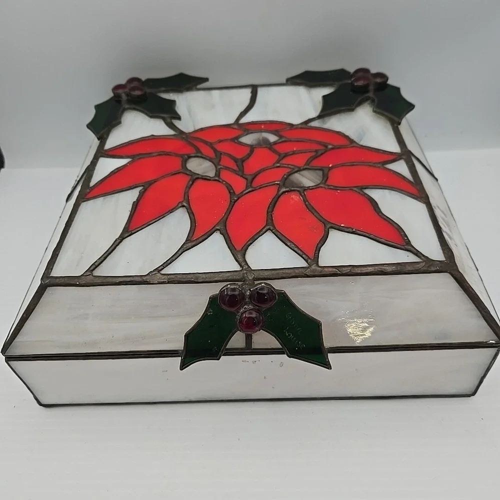 Leaded Stained Glass Hinged Jewelry Box With‎ Christmas Poinsettia
